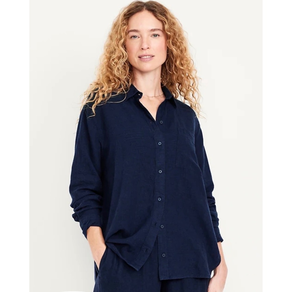 Old Navy Linen Blend Boyfriend Shirt Women L Navy Blue Long Sleeve Button Up NWT